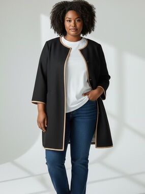 Talbots Black Trench Coat Coatigan Jacket Textured Cotton Blend Lined size 18W